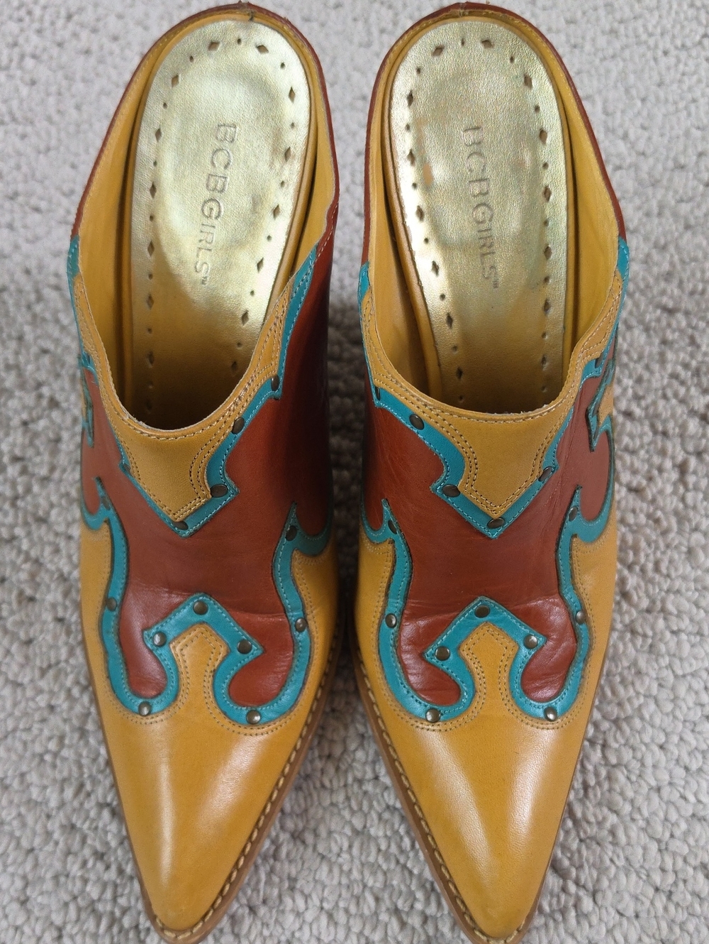 BCBGeneration Yellow Brown Pointed Toe Mules with Teal Accents
